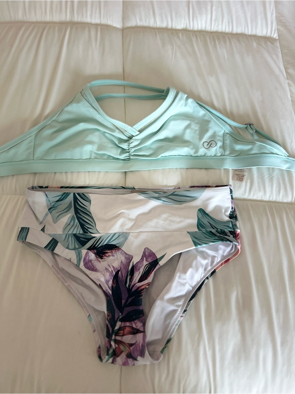 CALIA  Green Strappy Bikini Top & Tropical Print High-Waist Bottoms